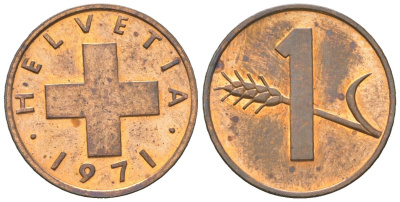 Швейцария 1 раппен 1971 KM 46 бронза aUNC 4164-268