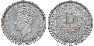 Британская Малайя 10 центов 1943 Георг VI (1937-1952) KM 4a серебро 53-256