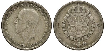Швеция 1 крона 1943 G, Густав V (1907-1950) KM 814 серебро 4178-536