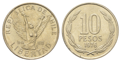 Чили 10 песо 1976 KM 210 медно-никель aUNC 4662-555