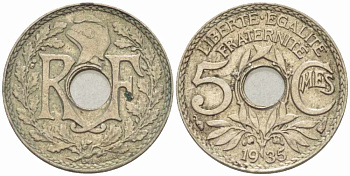 ФРАНЦИЯ 5 САНТИМОВ 1935 ТИП ЛИНДАЙЁ KM 875, LE FRANC 122.18 медно-никель 105-365