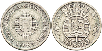 Португальская Ангола 10 эскудо 1952 KM 73 серебро 4591-1016