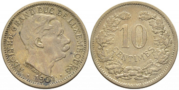 ЛЮКСЕМБУРГ 10 САНТИМОВ 1901 АДОЛЬФ (1890-1905) KM 25 медно-никель 4402-542