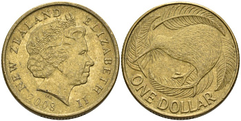 Новая Зеландия 1 доллар 2008 Елизавета II (1952-2022), птица киви  KM 120 алюминиевая бронза 56-445
