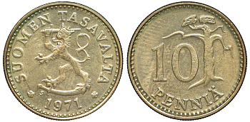 ФИНЛЯНДИЯ 10 ПЕННИ 1971 S KM 46 алюминиевая бронза 3334-1127