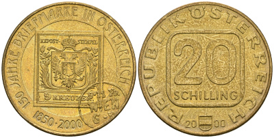 Австрия 20 шиллингов 2000 150 лет первой австрийской марке KM 3064 алюминиевая бронза UNC 221-515