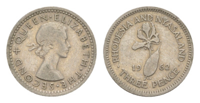 Родезия и Ньясаленд 3 пенса 1962 Елизавета II (1952-2022), цветок глориоза KM  3 медно-никель  4640-925