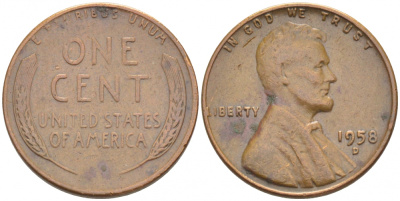 США 1 ЦЕНТ 1958 D ЛИНКОЛЬН KM A132 медь цинк 3309-228