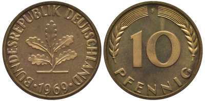 ФРГ 10 пфеннигов 1969 F J 383, KM 108 сталь плакированная латунью  PROOF  1099-4-31