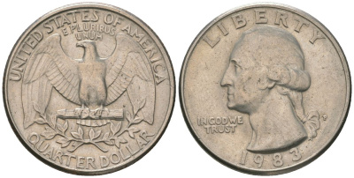 США 25 центов = квотер 1983 P, Вашингтон KM 164a медь плакированная медно-никелем 4595-125