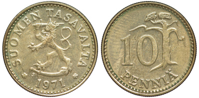 ФИНЛЯНДИЯ 10 ПЕННИ 1971 S KM 46 алюминиевая бронза 3334-1127