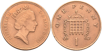 Великобритания 1 пенни 1987 Елизавета II (1952-2022) КМ 935, Spink 4381 (B3) бронза 4588-547