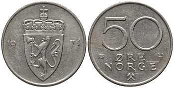 Норвегия 50 эре 1974 Улаф V (1957-1991) KM 418 медно-никель 4577-754