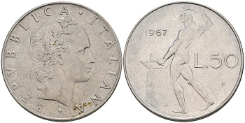 Италия 50 лир 1967 R, бог огня Вулкан у наковальни KM 95.1 нержавеющая сталь 4575-224
