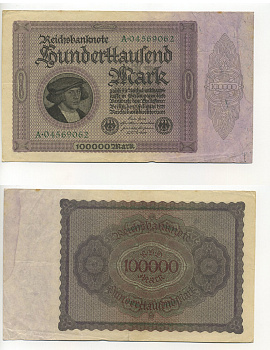 ГЕРМАНИЯ 100000 МАРОК 1923 1 ФЕВРАЛЯ 1923, БЕЗ Т ПОД ПОРТРЕТОМ Pick 83a бумага 6294-30-2