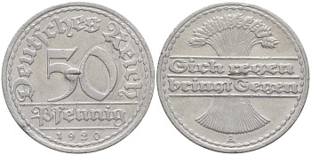 ГЕРМАНИЯ 50 ПФЕННИГОВ 1920 А KM 27, J. 301 алюминий 202-335