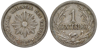 Уругвай 1 сентесимо 1909 KM 19 медно-никель 4169-568