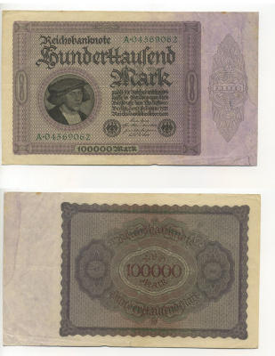 ГЕРМАНИЯ 100000 МАРОК 1923 1 ФЕВРАЛЯ 1923, БЕЗ Т ПОД ПОРТРЕТОМ Pick 83a бумага 6294-30-2