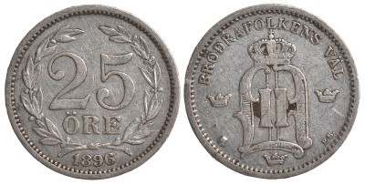 Швеция 25 эре 1896 EB, Оскар II (1872-1907) король Швеции и Норвегии KM 739 серебро 4179-823