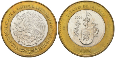 Мексика 100 песо 2004 180 лет Федерации - Халиско KM 750 биметалл, серебро BU 00-1067-8-14