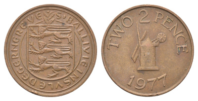 Гернси 2 пенса 1977 Елизавета II (1952-2022), ветряная мельница KM 28 бронза 4703-1146