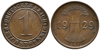 ГЕРМАНИЯ 1 РЕЙХСПФЕННИГ 1929 A KM 37, J. 313 бронза 39-1018
