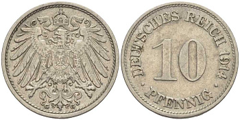 ГЕРМАНИЯ 10 ПФЕННИГОВ 1914 G KM 12, J. 13 медно-никель 33-715