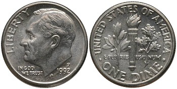США 10 ЦЕНТОВ = 1 ДАЙМ 1992 P, РУЗВЕЛЬТ KM 195а медь плакированная медно-никелем 4396-459