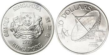 Сингапур 10 долларов 1978 спутники связи, локатор, в оригинальной упаковке KM 17.1 серебро UNC 3-4-7-11