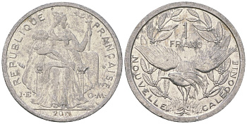 Французская Новая Каледония 1 франк 2011 птица кагу, (IEOM) KM 10, Schoen 10 алюминий 35-1445