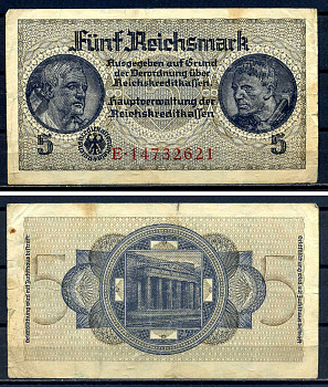 Германия 5 рейхсмарок ND (1940-1945) 8 цифр в серии Pick R138 b бумага 7552-29-1-2