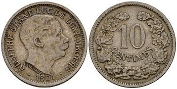 Люксембург 10 сантимов 1901 Адольф (1890-1905) KM 25 медно-никель 4602-439