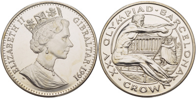 Гибралтар 1 крона 1991 XXV Олимпийские игры 1992 года в Барселоне, прыжки в длину KM 72 медно-никель UNC 1084-8-41