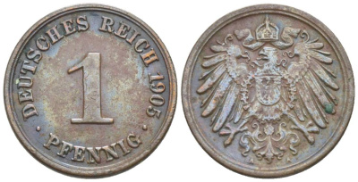 ГЕРМАНИЯ 1 ПФЕННИГ 1905 A KM 10, Jager. 10, Weege 2 медь 4528-1228