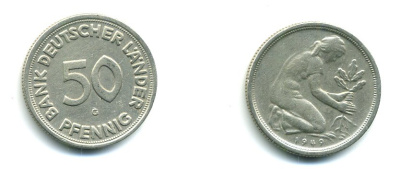 ФРГ 50 пфеннигов 1949 G KM 104, J. 379 медно-никель 23-636
