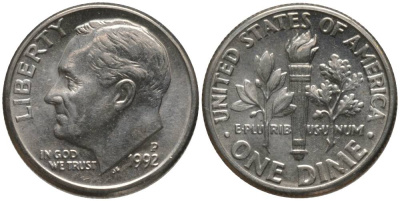 США 10 ЦЕНТОВ = 1 ДАЙМ 1992 P, РУЗВЕЛЬТ KM 195а медь плакированная медно-никелем 4396-459