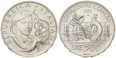 Италия 500 лир 1989 R, Борьба против рака KM 131 серебро BU 4367-913