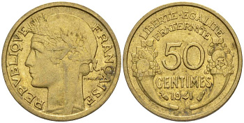 ФРАНЦИЯ 50 САНТИМОВ 1941 ТИП MORLON KM 894.1, LE FRANC 192.18 алюминиевая бронза 44-639