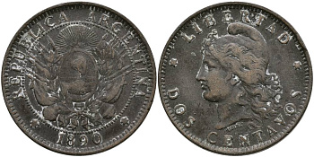 Аргентина 2 сентаво 1890 голова свободы влево KM 8 бронза 4531-935