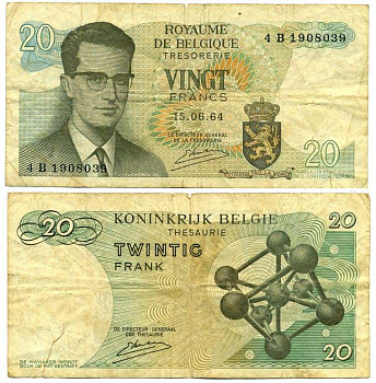 Бельгия 20 франков 1964 Бодуэн I, атомиум, Kestens Pick 138 (3) бумага 3295-66-2-2