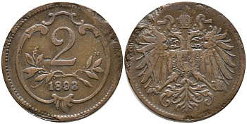 АВСТРИЯ 2 ГЕЛЛЕРА 1893 ФРАНЦ ИОСИФ (1848-1916) KM 2801 бронза 100-523