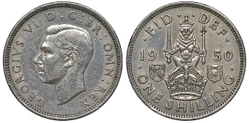 Великобритания 1 шиллинг 1950 Георг VI (1936-1952), Шотландский герб KM 877, Spink 4109 медно-никель 4122-534