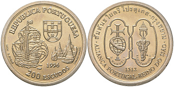 Португалия 200 эскудо 1996 Альянс Португалии и Сиама 1512 года KM 689 медно-никель UNC 4677-135