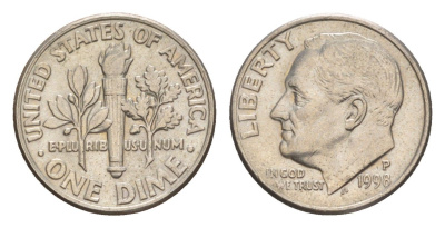 США 1 дайм (10 центов) 1998 P, президент Рузвельт KM 195a медь плакированная медно-никелем 4649-1256