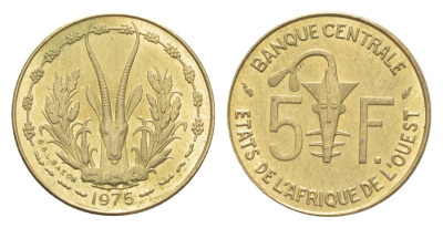 Западная Африка (BCEAO) 5 франков 1975 KM 2a медь алюминий никель UNC 4651-866