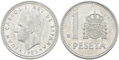 Испания 1 песета 1985 M, Хуан Карлос I (1975-2014) KM 821 алюминий 213-142
