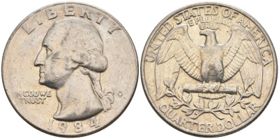 США 25 центов (квотер) 1984 P, Вашингтон KM A164a медь плакированная медно-никелем 4584-1221