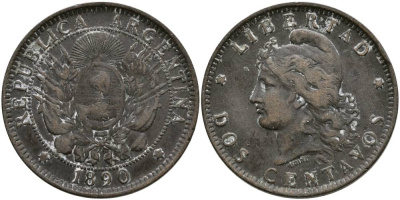 Аргентина 2 сентаво 1890 голова свободы влево KM 8 бронза 4531-935