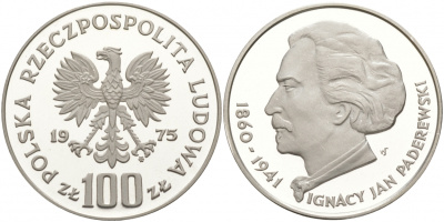 Польша 100 злотых 1975 MW, Игнаций Ян Падеревский (1860-1941) KM 77, Parchimowicz 273 серебро PROOF 1087-8-71
