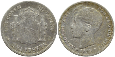 Испания 1 песета 1899 (99) SG-V, Альфонсо XIII (1886-1931) KM 706 (Y88) серебро 443-544